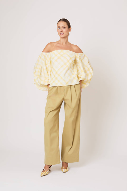 Balloon Sleeve Top in Watercolor Gingham on Lyocell Linen