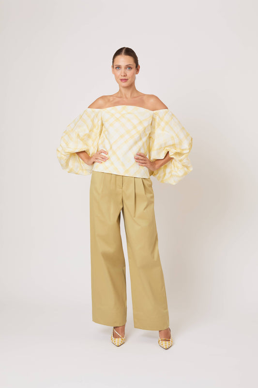 Balloon Sleeve Top in Watercolor Gingham on Lyocell Linen