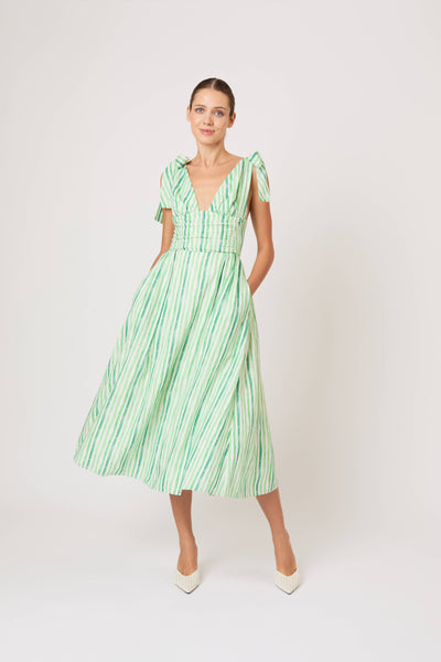 Bow Shoulder Dress in Watercolor Stripe Linen