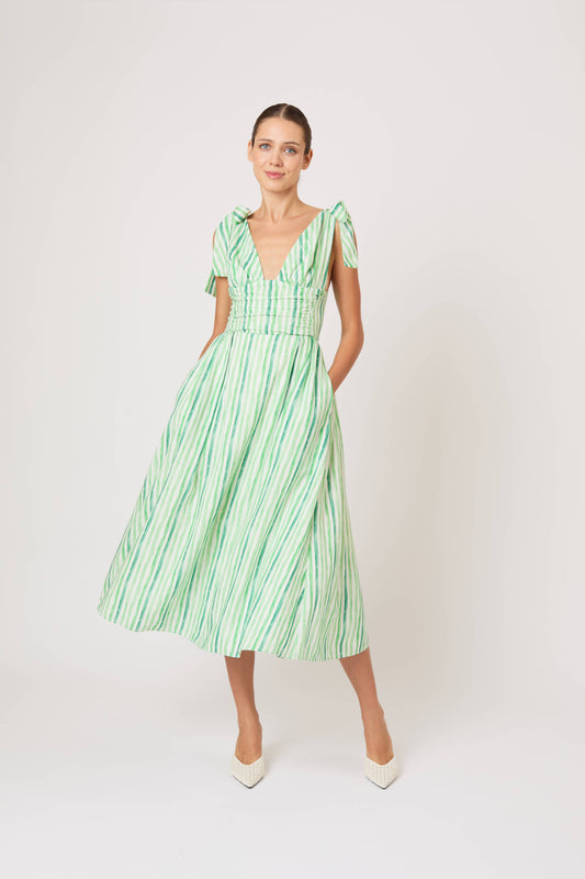 Bow Shoulder Dress in Watercolor Stripe Linen
