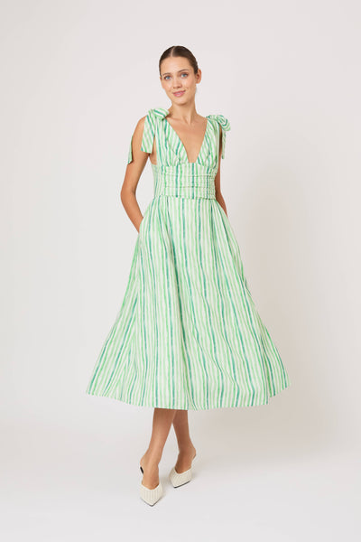 Bow Shoulder Dress in Watercolor Stripe Linen