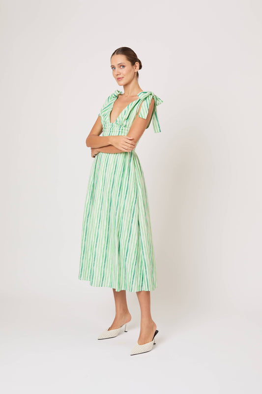 Bow Shoulder Dress in Watercolor Stripe Linen