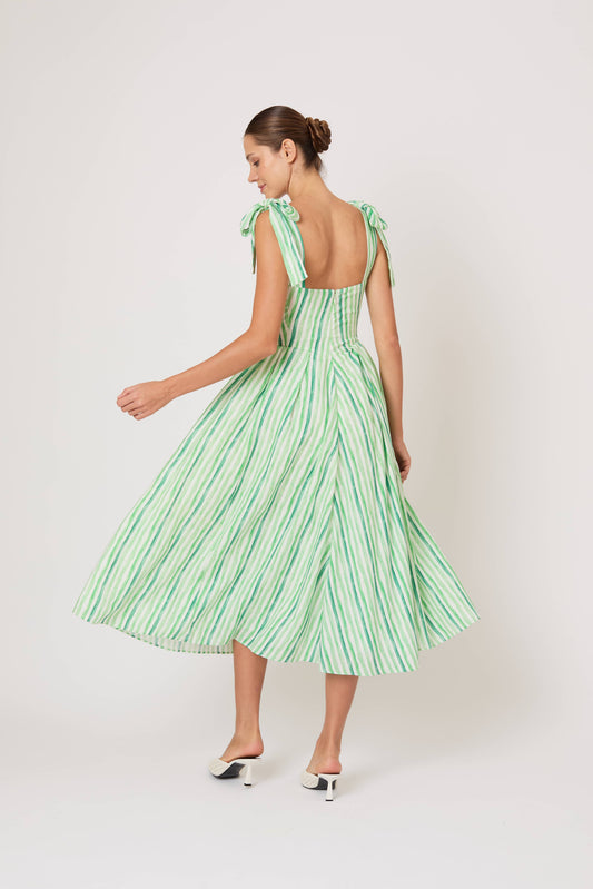 Bow Shoulder Dress in Watercolor Stripe Linen Green / 0 Bow Shoulder Dress in Watercolor Stripe Linen Green / 0