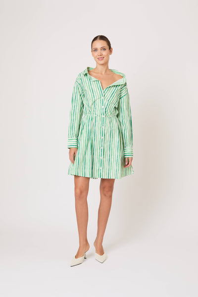 Falling Off the Shoulder Mini Dress in Watercolor Stripe Poplin
