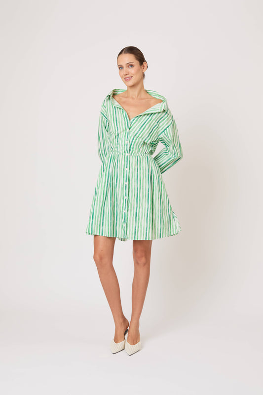 Falling Off the Shoulder Mini Dress in Watercolor Stripe Poplin