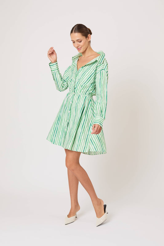 Falling Off the Shoulder Mini Dress in Watercolor Stripe Poplin
