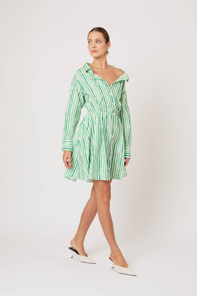 Falling Off the Shoulder Mini Dress in Watercolor Stripe Poplin