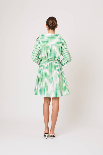 Falling Off the Shoulder Mini Dress in Watercolor Stripe Poplin