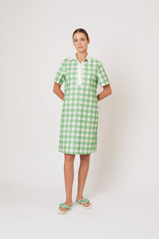 Mini Rugby Dress in Picnic Embroidered Gingham Grass Green / XL