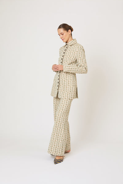 Paneled & Piped Flare Pant in English Floral Jacquard