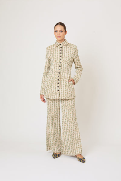 Paneled & Piped Flare Pant in English Floral Jacquard
