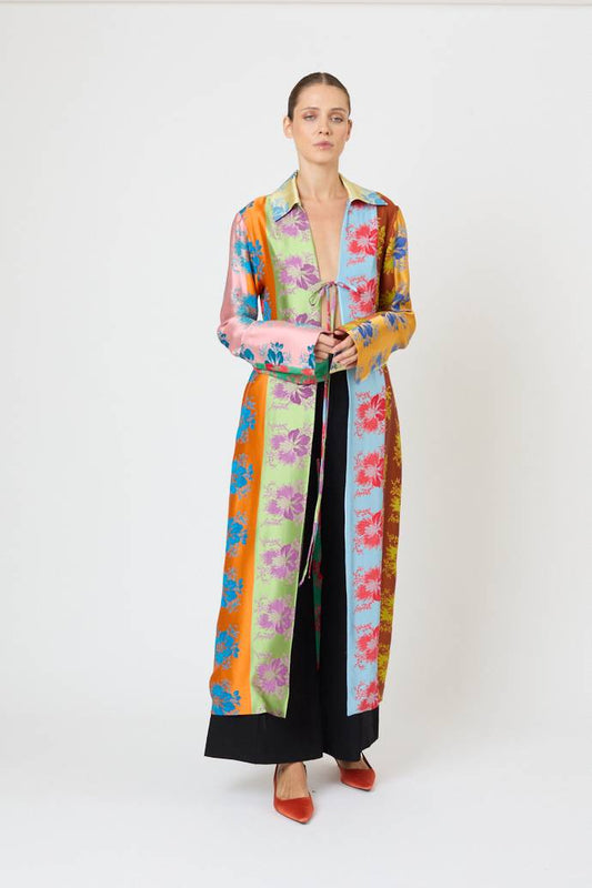 Long For You Duster Jacket in Hibiscus Jacquard Silk Stripe