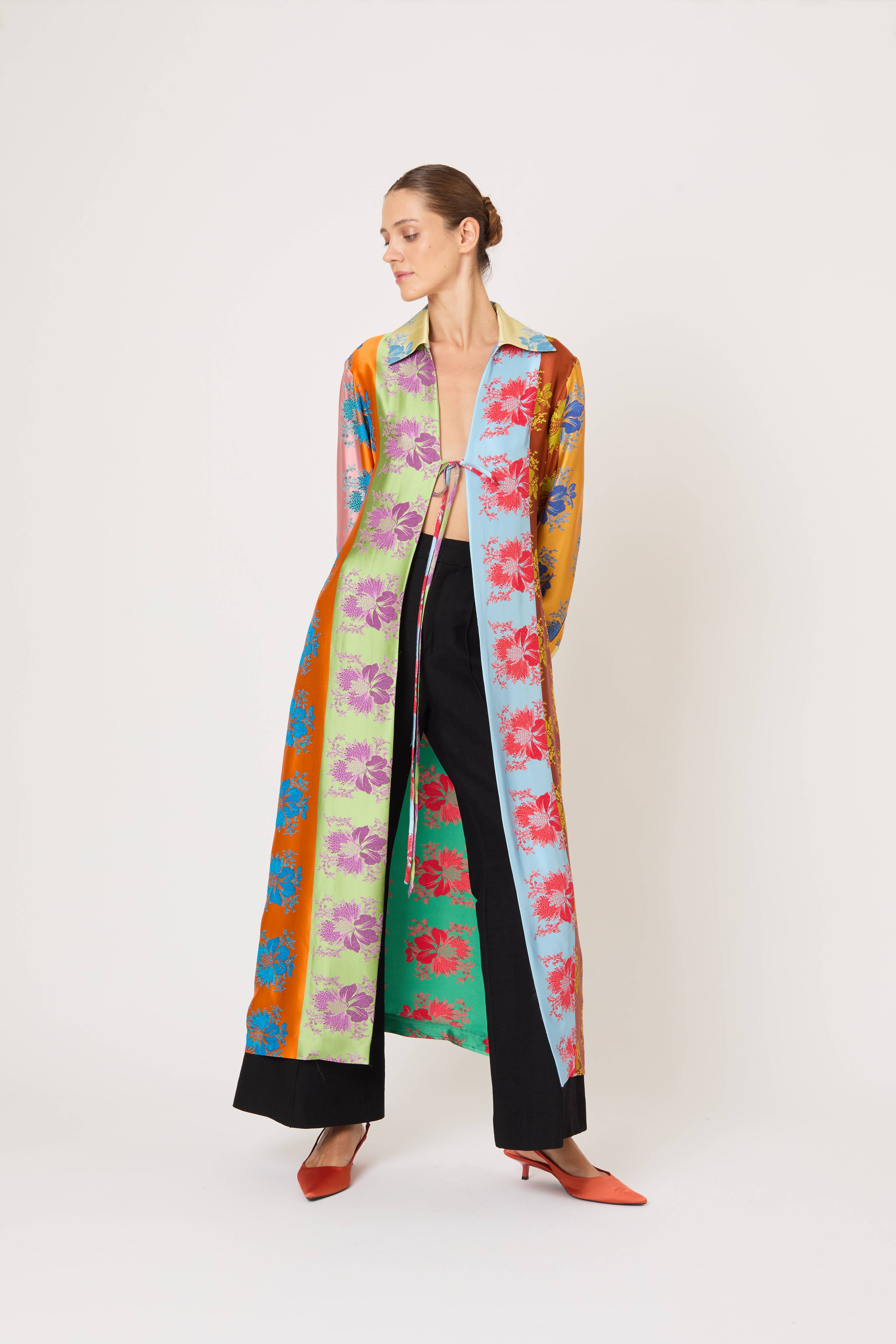 Long For You Duster Jacket in Hibiscus Jacquard Silk Stripe