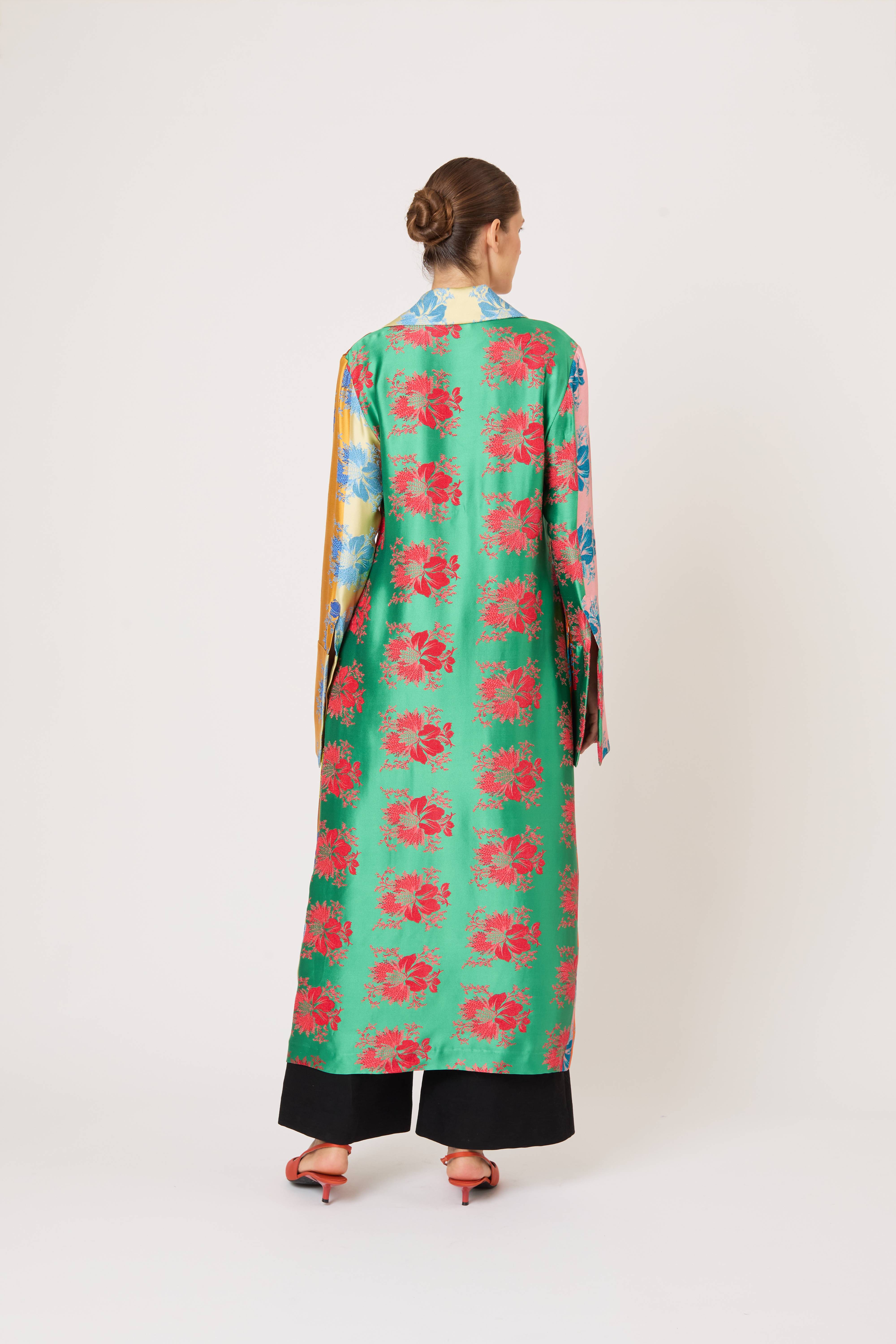 Long For You Duster Jacket in Hibiscus Jacquard Silk Stripe