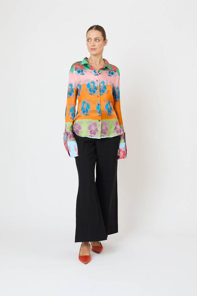 French Cuff Button Up in Hibiscus Jacquard Silk Stripe