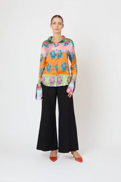 French Cuff Button Up in Hibiscus Jacquard Silk Stripe