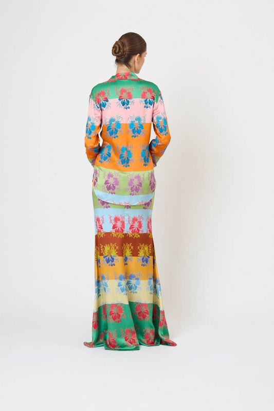 French Cuff Button Up in Hibiscus Jacquard Silk Stripe