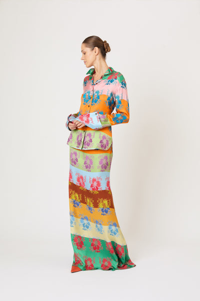 French Cuff Button Up in Hibiscus Jacquard Silk Stripe