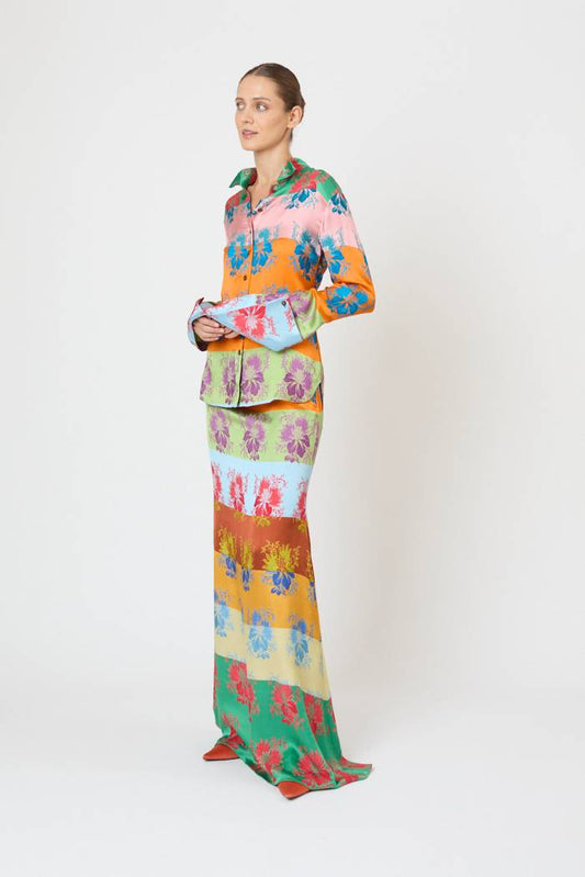 French Cuff Button Up in Hibiscus Jacquard Silk Stripe