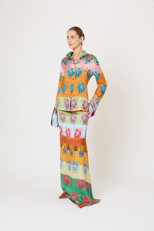 French Cuff Button Up in Hibiscus Jacquard Silk Stripe