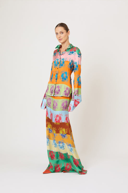 French Cuff Button Up in Hibiscus Jacquard Silk Stripe