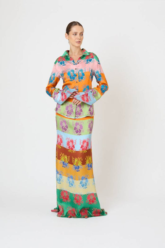 French Cuff Button Up in Hibiscus Jacquard Silk Stripe