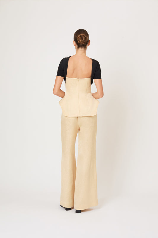 Paneled & Piped Flare Pant in Malta Linen Jacquard