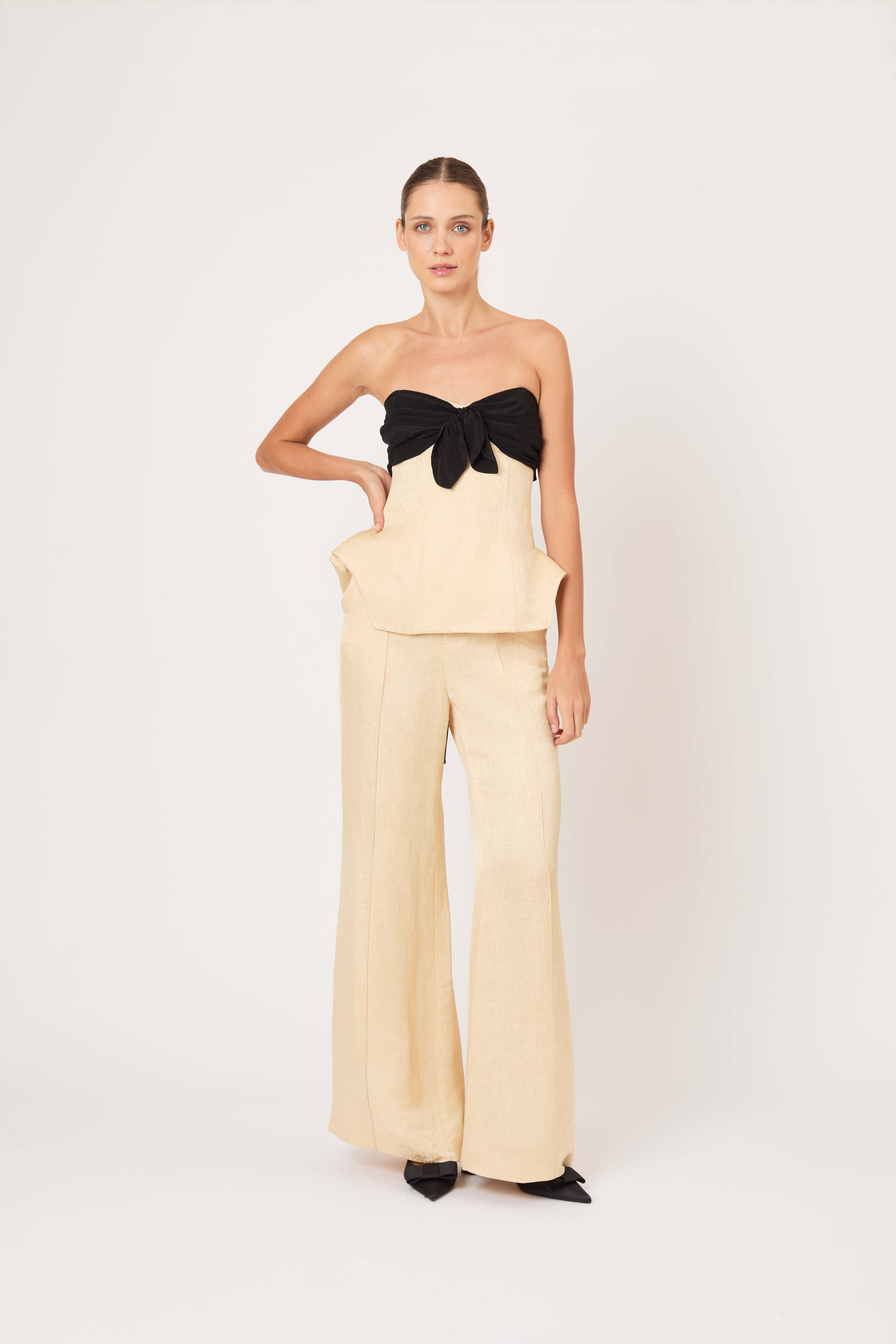 パンツ BLOODO CREW Linen Rayon- Slacks Paneled & Piped Flare Pant in Malta Linen Jacquard – Rosie Assoulin