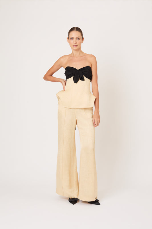 Paneled & Piped Flare Pant in Malta Linen Jacquard