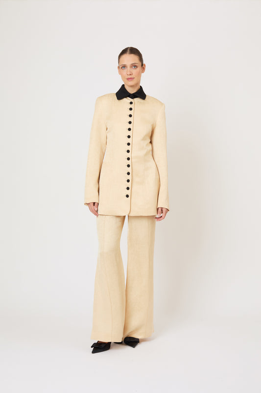 Paneled & Piped Flare Pant in Malta Linen Jacquard