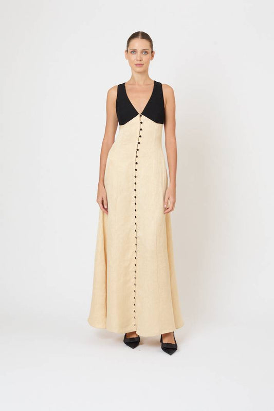 Row, Row, Row Your Buttons Dress in Malta Linen Jacquard