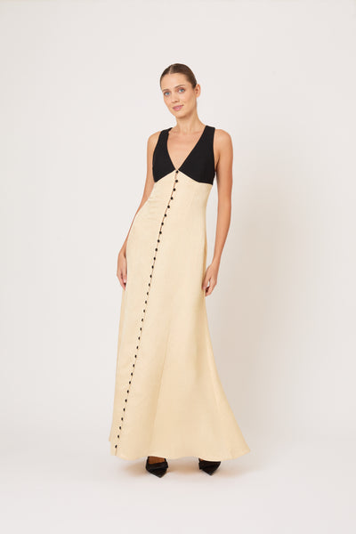Row, Row, Row Your Buttons Dress in Malta Linen Jacquard