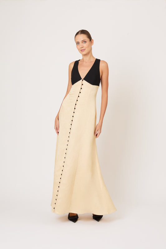 Row, Row, Row Your Buttons Dress in Malta Linen Jacquard