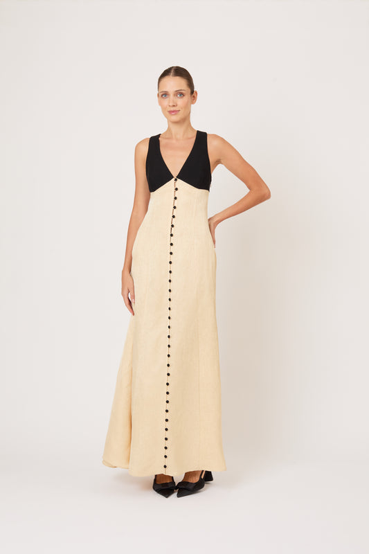 Row, Row, Row Your Buttons Dress in Malta Linen Jacquard