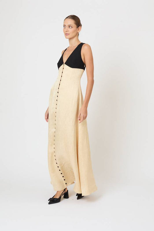 Row, Row, Row Your Buttons Dress in Malta Linen Jacquard