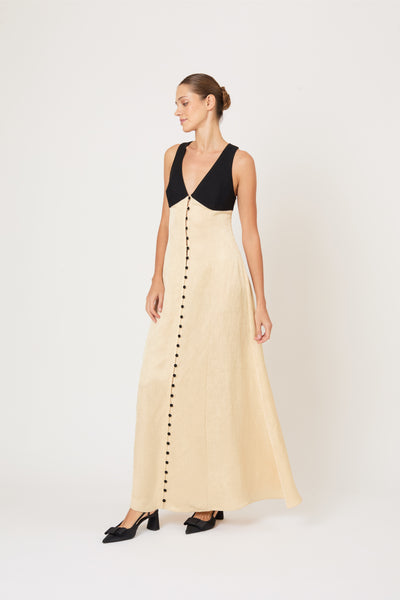 Row, Row, Row Your Buttons Dress in Malta Linen Jacquard