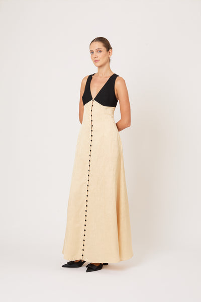 Row, Row, Row Your Buttons Dress in Malta Linen Jacquard