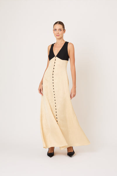 Row, Row, Row Your Buttons Dress in Malta Linen Jacquard