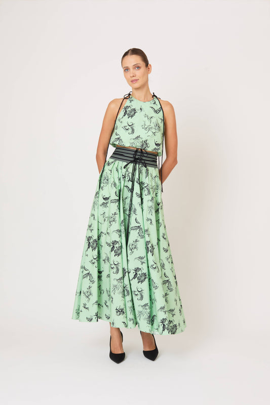 Tie Full Pleated Skirt in Tossed Floral Cotton Poplin