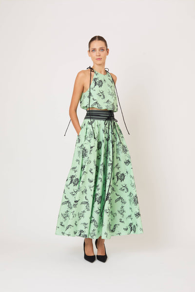 Tie Full Pleated Skirt in Tossed Floral Cotton Poplin