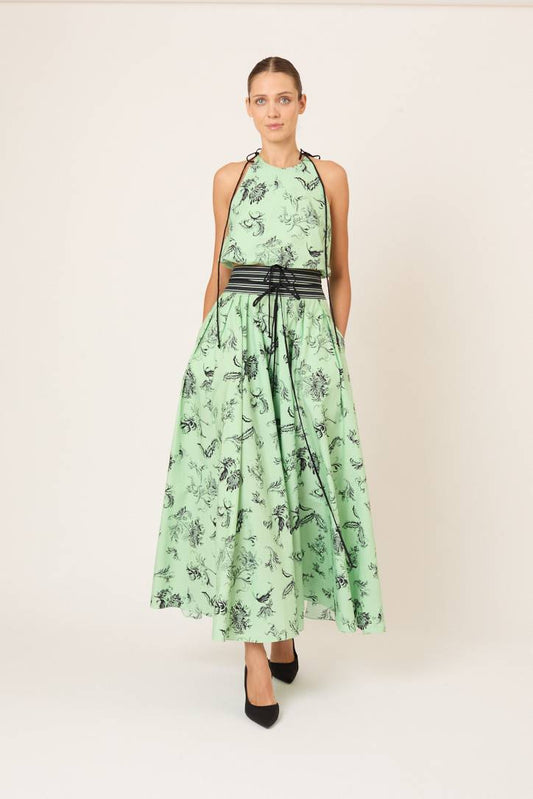 Tie Full Pleated Skirt in Tossed Floral Cotton Poplin