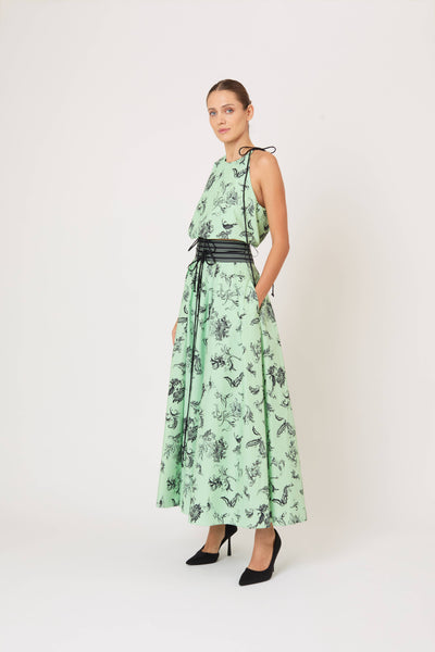 Tie Full Pleated Skirt in Tossed Floral Cotton Poplin