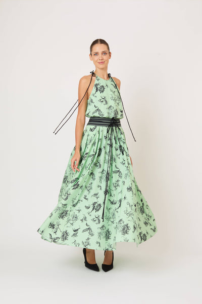 Tie Full Pleated Skirt in Tossed Floral Cotton Poplin
