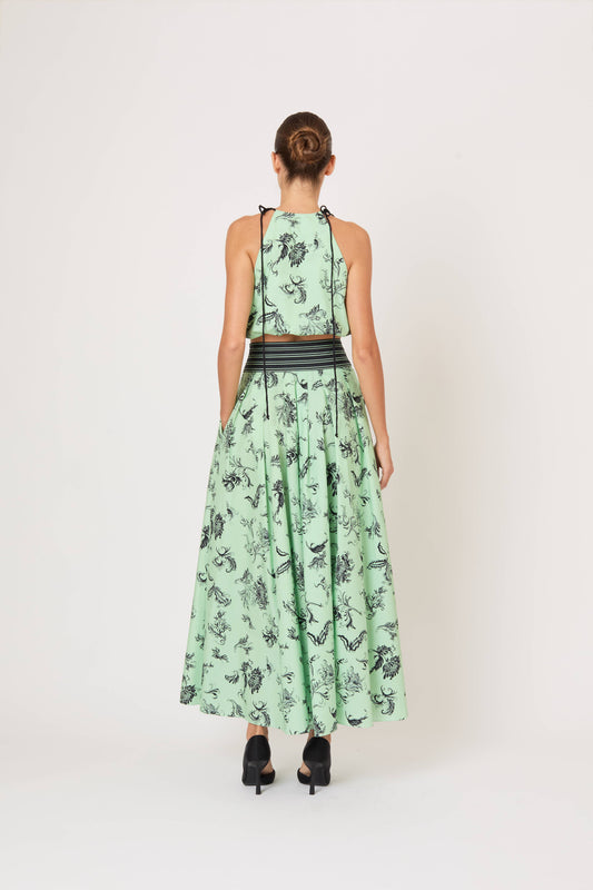 Tie Full Pleated Skirt in Tossed Floral Cotton Poplin