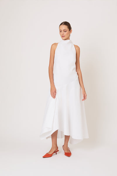 Dropped & Dramatic Dress in Swiss Pique Cotton
