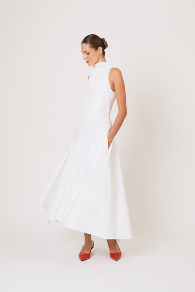 Dropped & Dramatic Dress in Swiss Pique Cotton