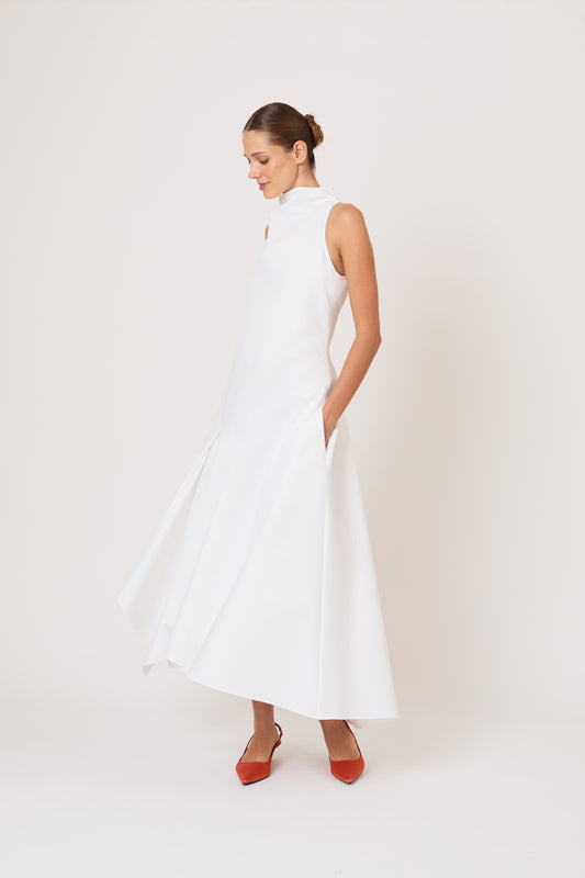 Dropped & Dramatic Dress in Swiss Pique Cotton