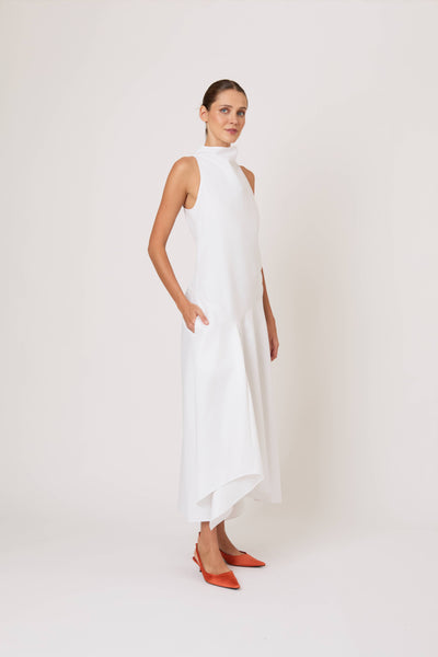 Dropped & Dramatic Dress in Swiss Pique Cotton
