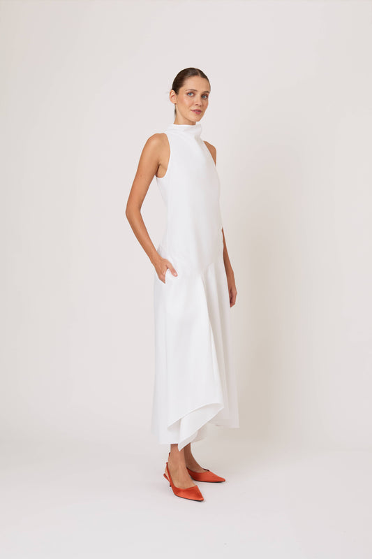 Dropped & Dramatic Dress in Swiss Pique Cotton