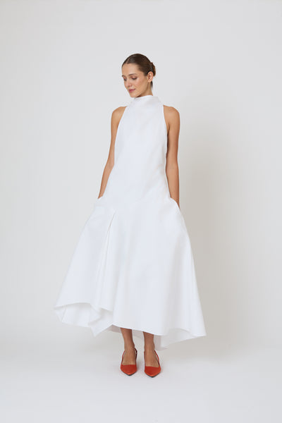 Dropped & Dramatic Dress in Swiss Pique Cotton